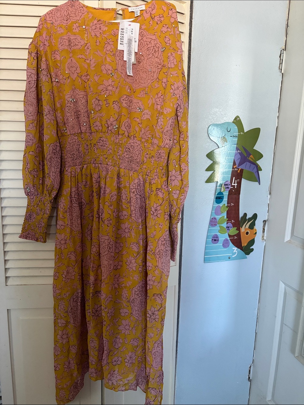 Topshop Mustard Yellow & Dusty Pink Floral Smocked-Waist Dress